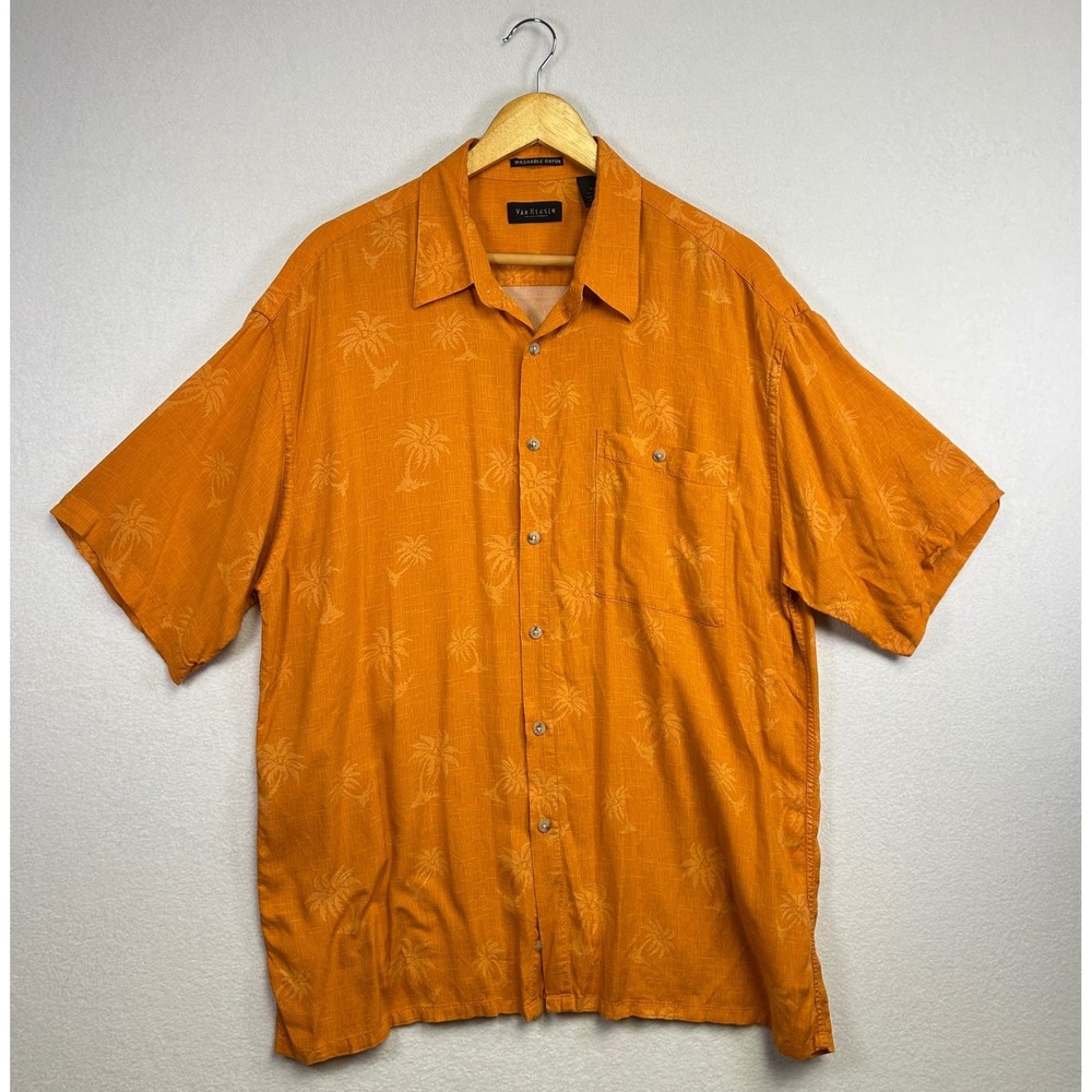 Van Heusen Orange Palm Tree Print Short Sleeve Button Up Shirt Mens XL